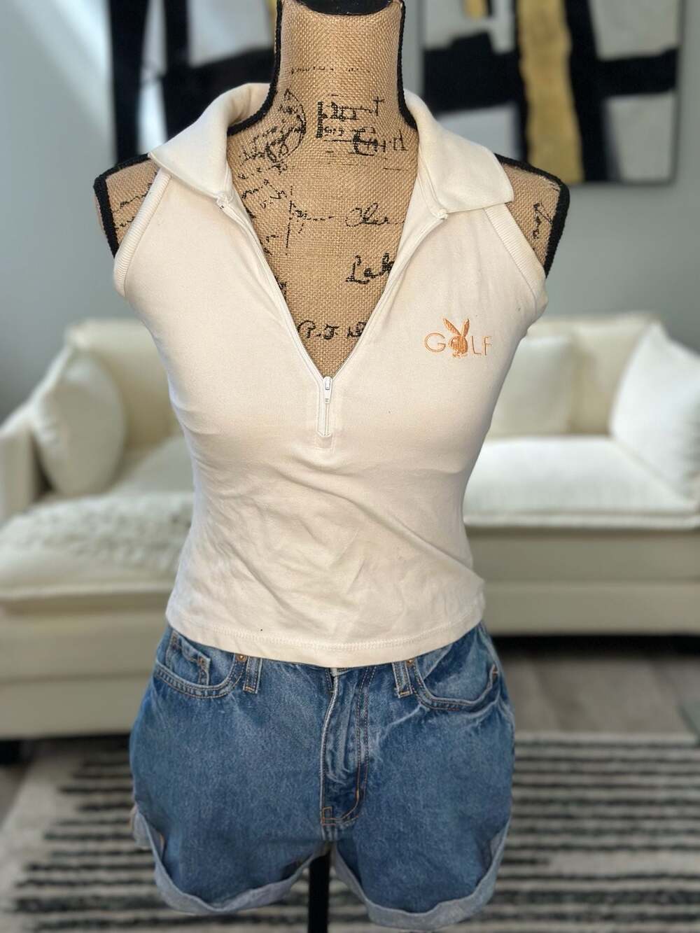 Playboy Golf Women's Cream Sleeveless 1/4 Zip Collared Tank Top